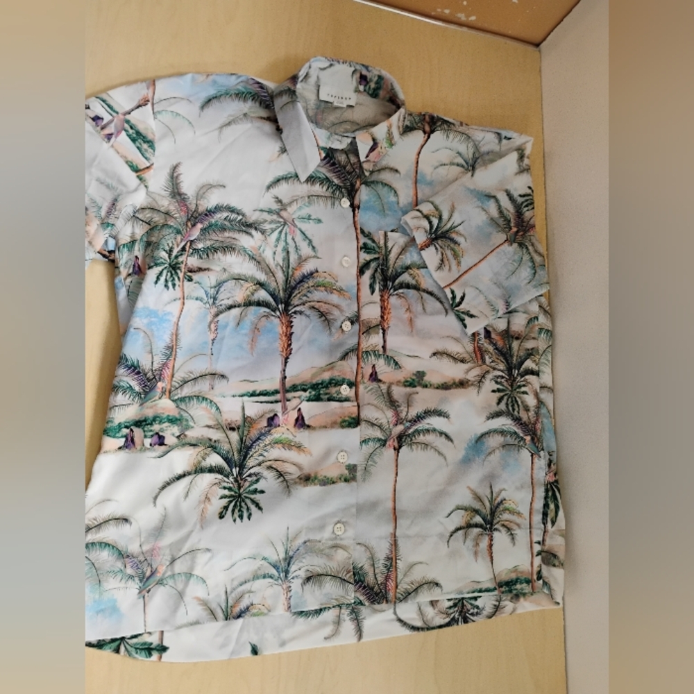 Topshop Men's Hawaiian Aloha Tropical Palm Print Button-Up Shirt Size US 8
